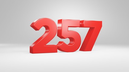 Number 257 in red on white background, isolated glossy number 3d render