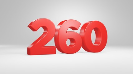 Number 260 in red on white background, isolated glossy number 3d render