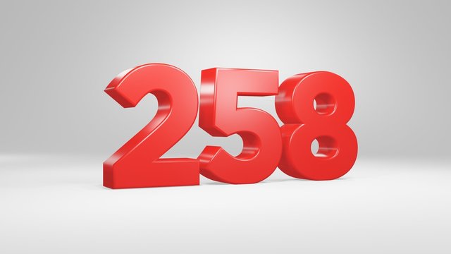 Number 258 in red on white background, isolated glossy number 3d render