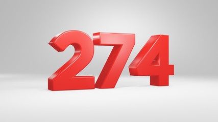 Number 274 in red on white background, isolated glossy number 3d render