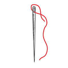 Needle with red thread, hand drawn doodle gravure vintage style, sketch, outline vector illustration