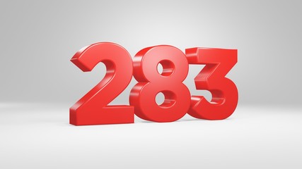 Number 283 in red on white background, isolated glossy number 3d render