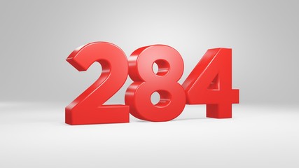 Number 284 in red on white background, isolated glossy number 3d render