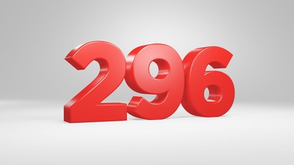 Number 296 in red on white background, isolated glossy number 3d render