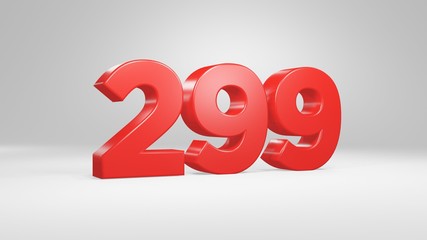 Number 299 in red on white background, isolated glossy number 3d render