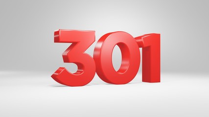 Number 301 in red on white background, isolated glossy number 3d render