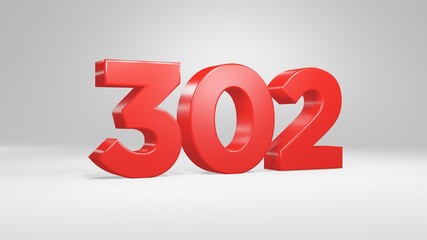 Number 302 in red on white background, isolated glossy number 3d render