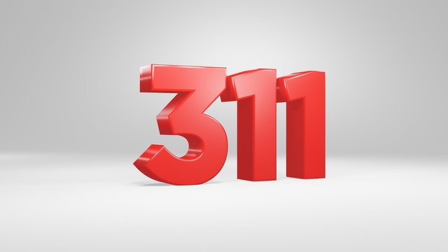 Number 311 in red on white background, isolated glossy number 3d render