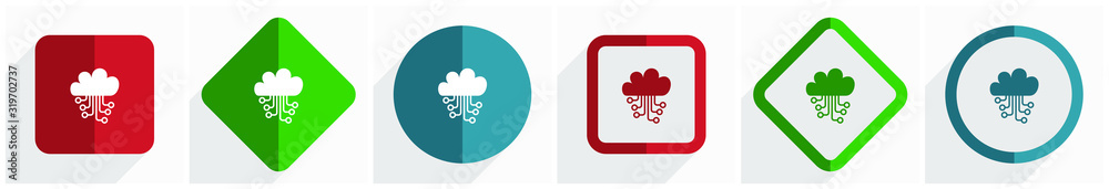 Poster cloud computing, technology, circuit, data icon set, flat design vector illustration in 6 options fo