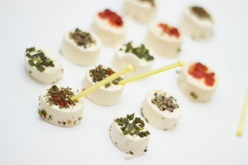 Curd cheese snack on a white background from above