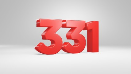 Number 331 in red on white background, isolated glossy number 3d render