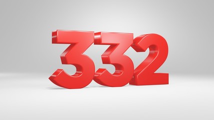Number 332 in red on white background, isolated glossy number 3d render