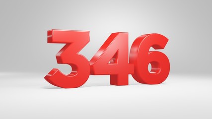 Number 346 in red on white background, isolated glossy number 3d render