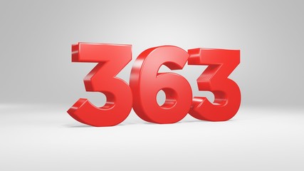 Number 363 in red on white background, isolated glossy number 3d render