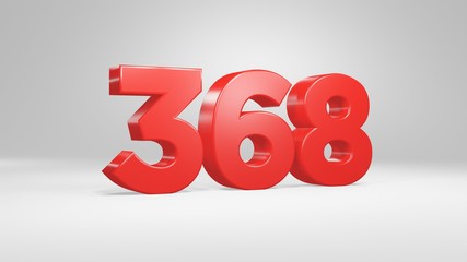 Number 368 in red on white background, isolated glossy number 3d render
