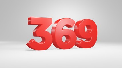 Number 369 in red on white background, isolated glossy number 3d render