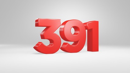 Number 391 in red on white background, isolated glossy number 3d render