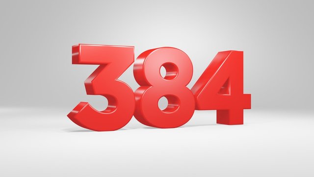 Number 384 in red on white background, isolated glossy number 3d render