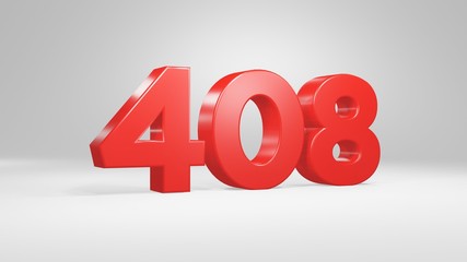 Number 408 in red on white background, isolated glossy number 3d render