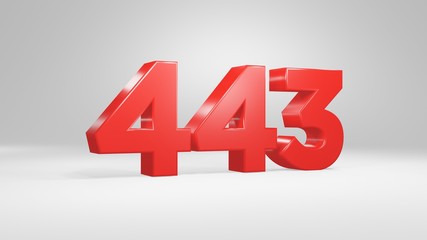 Number 443 in red on white background, isolated glossy number 3d render