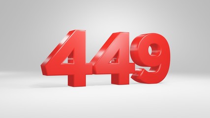 Number 449 in red on white background, isolated glossy number 3d render