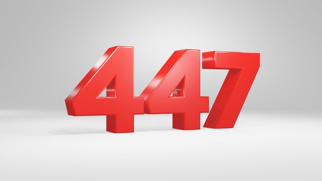 Number 447 in red on white background, isolated glossy number 3d render
