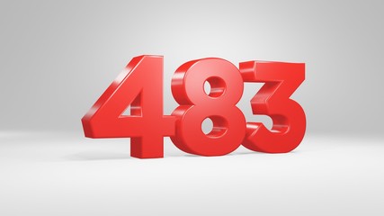 Number 483 in red on white background, isolated glossy number 3d render
