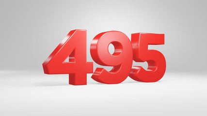 Number 495 in red on white background, isolated glossy number 3d render