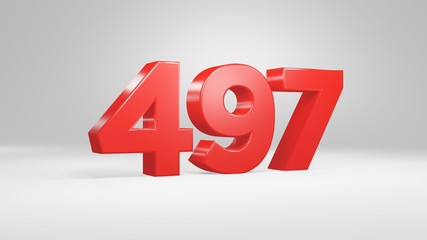 Number 497 in red on white background, isolated glossy number 3d render