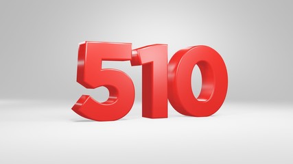 Number 510 in red on white background, isolated glossy number 3d render