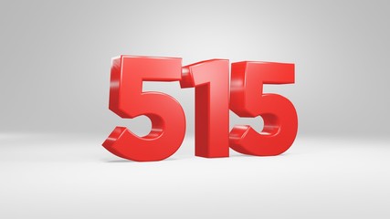 Number 515 in red on white background, isolated glossy number 3d render