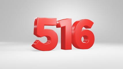 Number 516 in red on white background, isolated glossy number 3d render