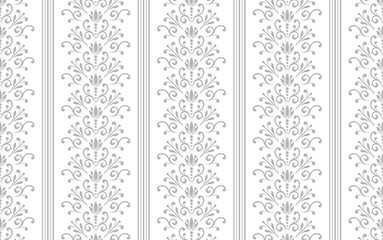 Wallpaper in the style of Baroque. Seamless vector background. White and grey floral ornament. Graphic pattern for fabric, wallpaper, packaging. Ornate Damask flower ornament.