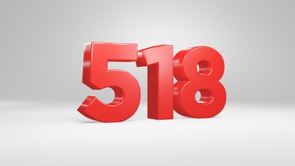 Number 518 in red on white background, isolated glossy number 3d render