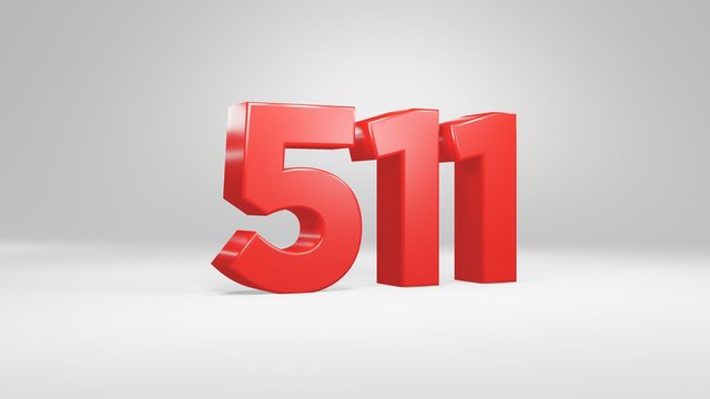 Number 511 in red on white background, isolated glossy number 3d render