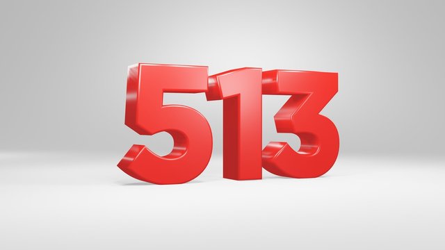 Number 513 in red on white background, isolated glossy number 3d render