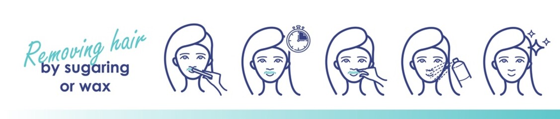 Removing face hair by sugaring or wax. Vector trendy line illustration