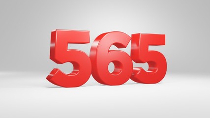 Number 565 in red on white background, isolated glossy number 3d render