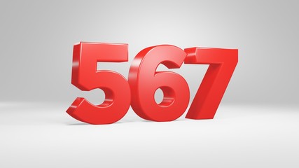 Number 567 in red on white background, isolated glossy number 3d render