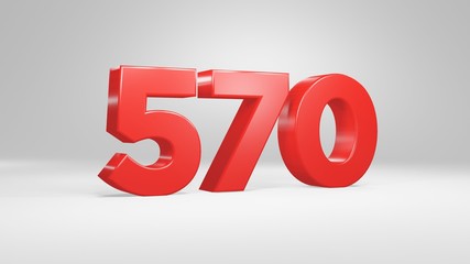Number 570 in red on white background, isolated glossy number 3d render