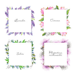 A set of frames made of hand-drawn watercolor illustrations of flowers. For wedding invitations, postcards, greetings, and other designs