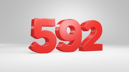Number 592 in red on white background, isolated glossy number 3d render