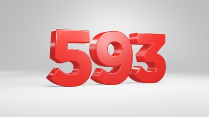 Number 593 in red on white background, isolated glossy number 3d render