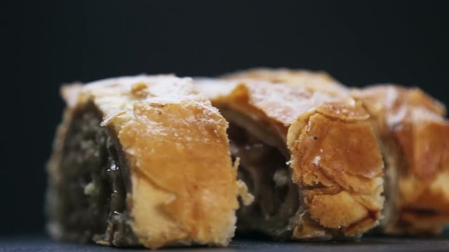 Austrian strudel with apples. Confectionery. Dolly video.