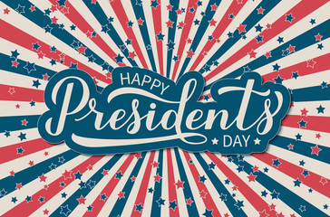 Happy President s Day calligraphy lettering on American retro patriotic background. Easy to edit vector template for logo design, banner, greeting card, postcard, flyer.