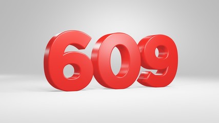Number 609 in red on white background, isolated glossy number 3d render