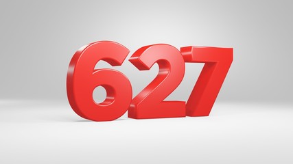 Number 627 in red on white background, isolated glossy number 3d render