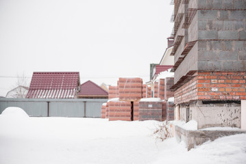 Cottage house construction site background.