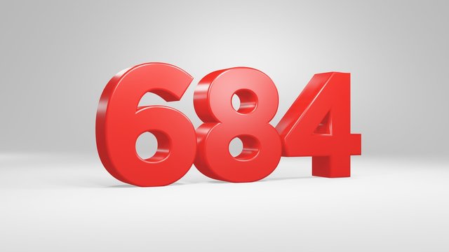 Number 684 in red on white background, isolated glossy number 3d render