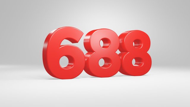 Number 688 in red on white background, isolated glossy number 3d render